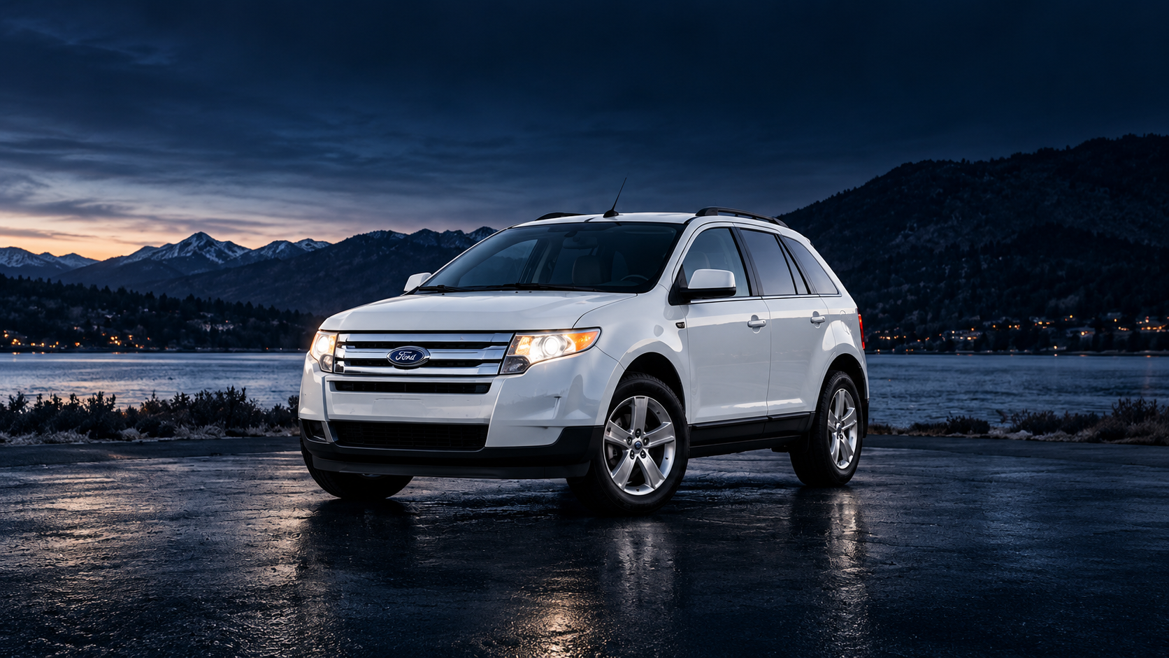 White Ford Edge 2008 beside a mountain lake at dusk